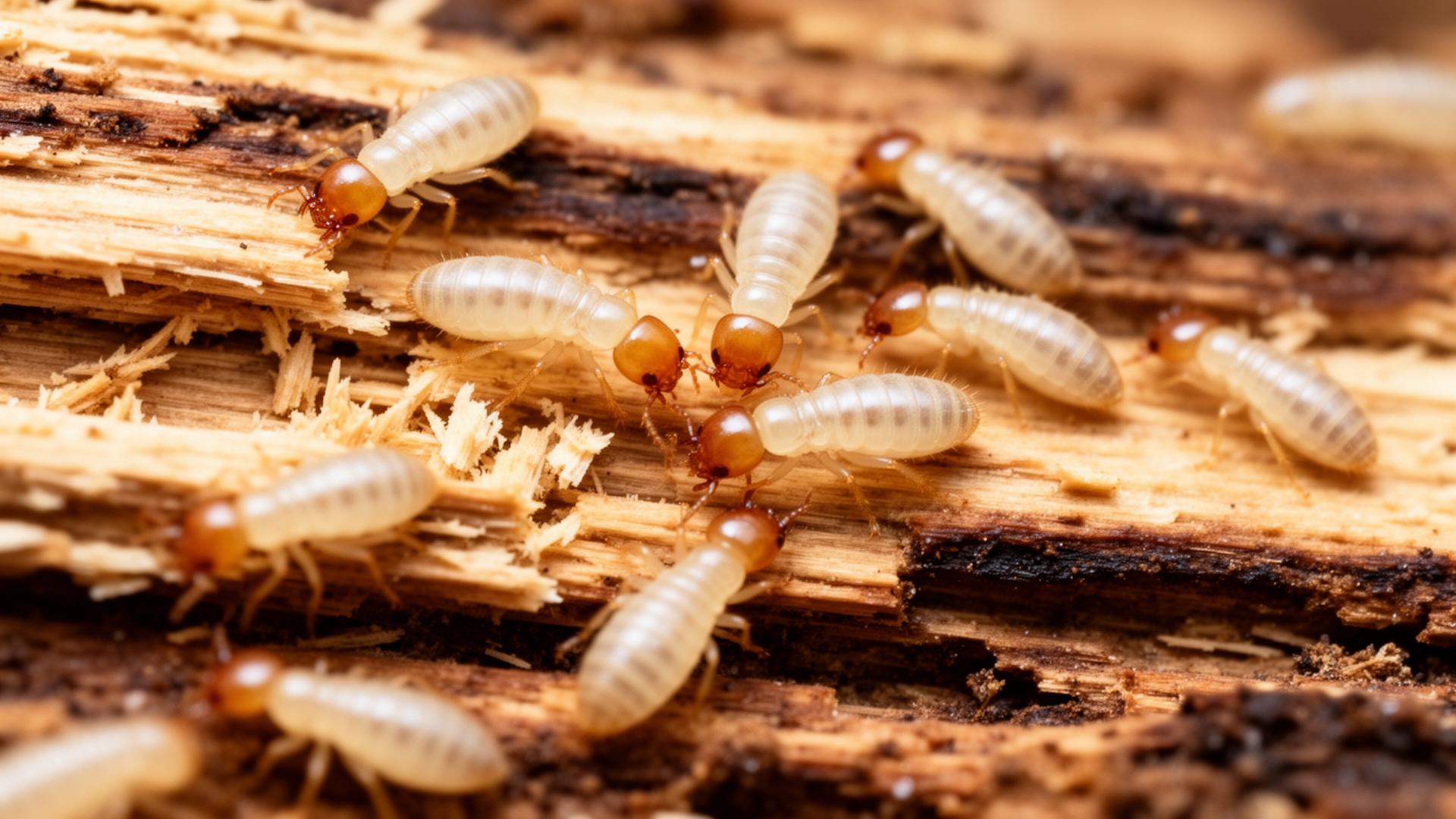 Close-up of subterranean termites on damaged timber